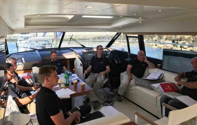 MGM Boats Ltd staff attended a pre-show sales presentation in Dun Laoghaire Marina today on board the company's Prestige 560 Powerboat