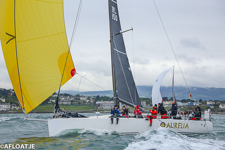 Chris Power Smith's Aurelia with her big gold North Sails spinnaker at the start of the 2019 Dun Laoghaire to Dingle Race