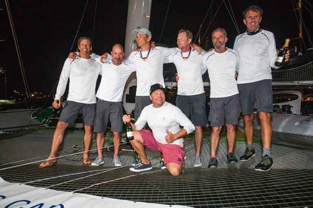 Phaedo^3 with County Kerry's Damian Foxall (second from right) onboard took multihull line honours in the RORC Caribbean C600.