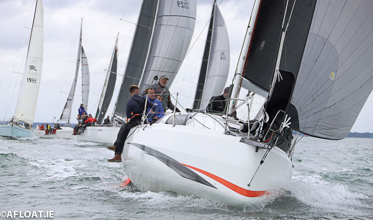 Cian McCarthy's Cinamonn Girl from Kinsale is front row after the 1pm start today of the Fastnet 450 Race on Dublin Bay